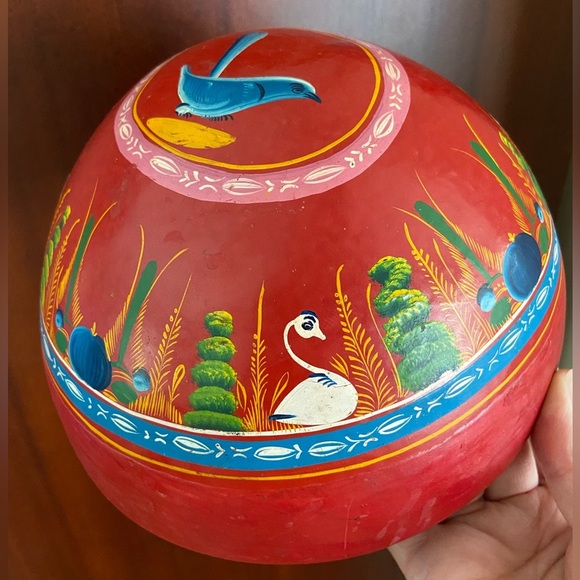 Mexican Red Bowl Multi Color Hand Painted Flowers Swan Bird Folk Art Decor Wood - Picture 4 of 9